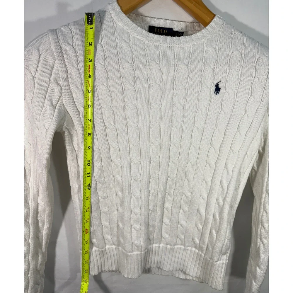 Polo Ralph Lauren White Cable Knit Cotton Sweater Crew Neck Navy Pony Small SP